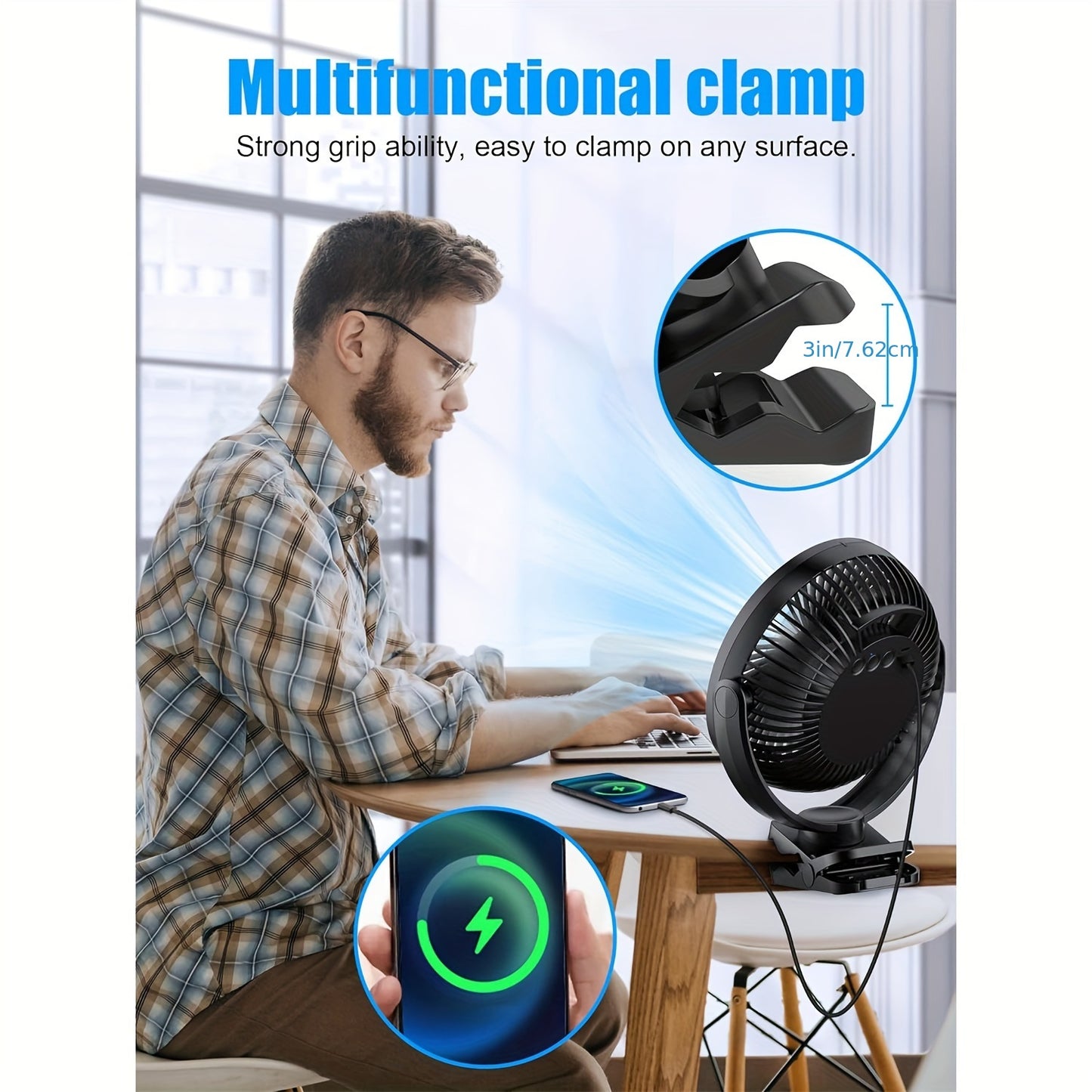 12000mAh Rechargeable Portable Clip-On Fan - Quiet, Battery-Operated, 8-Inch Personal Fan with LED Lights, Remote Control, and USB Charging for Office, Bedroom, Camping, and Outdoor Adventures
