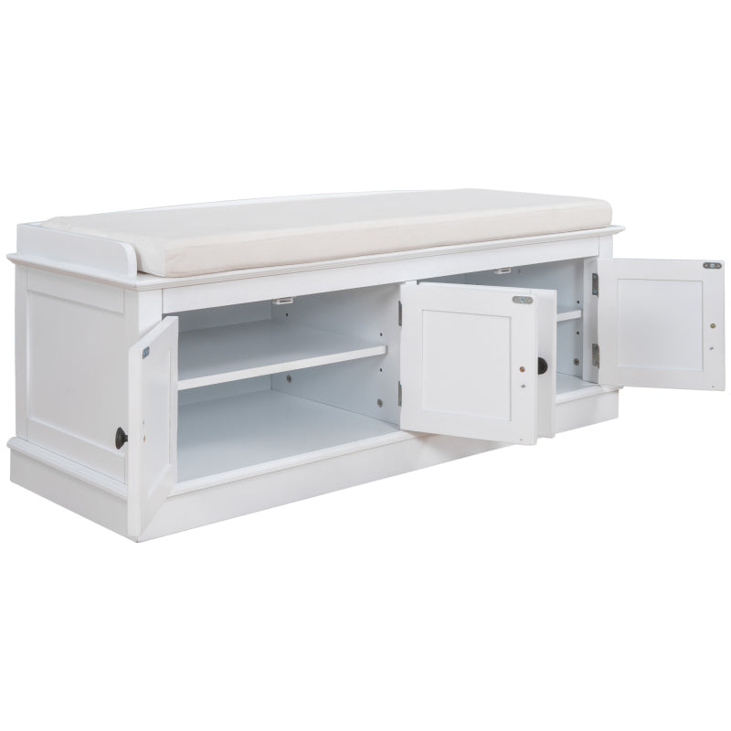 Storage Bench with 4 Doors and Adjustable Shelves, Shoe Bench with Removable Cushion for Living Room, Entryway (White)