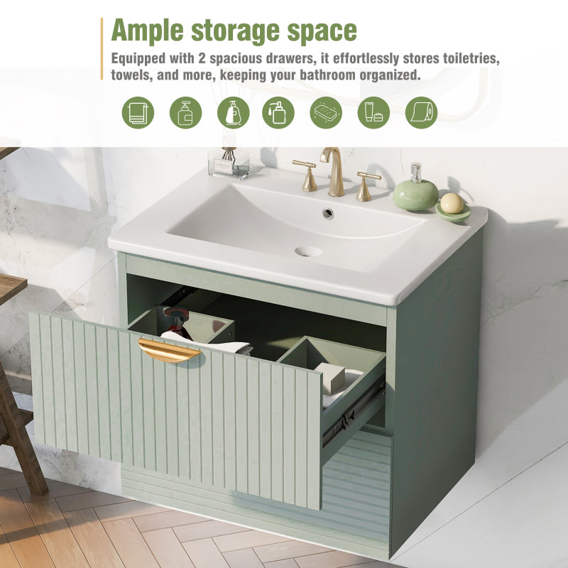 24" Modern Wall-Mounted Bathroom vanity with 2 Drawers, Green - Ideal for Small Bathrooms
