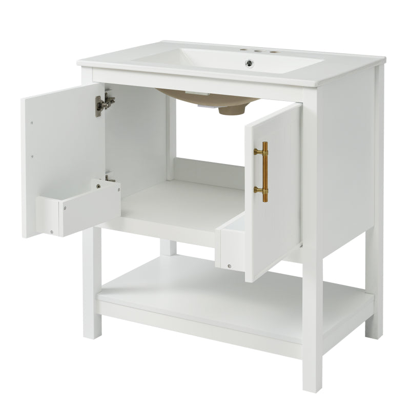 30" White Bathroom Vanity with Ceramic Sink and Versatile Storage - Ideal for Small Bathrooms