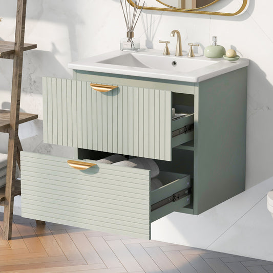 24" Modern Wall-Mounted Bathroom vanity with 2 Drawers, Green - Ideal for Small Bathrooms