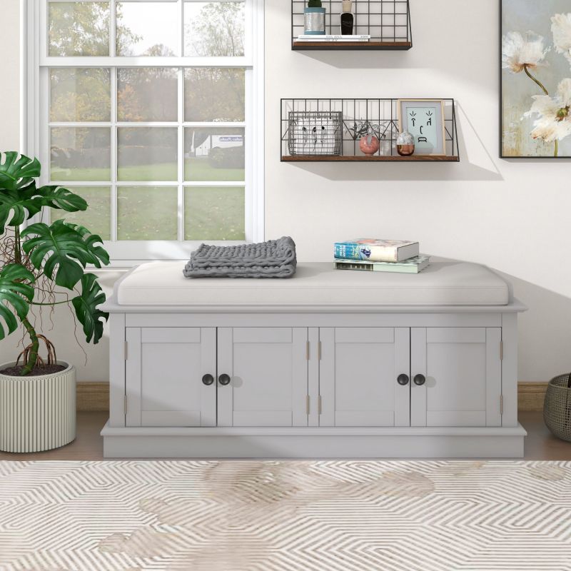 Storage Bench with 4 Doors and Adjustable Shelves, Shoe Bench with Removable Cushion for Living Room, Entryway (White)