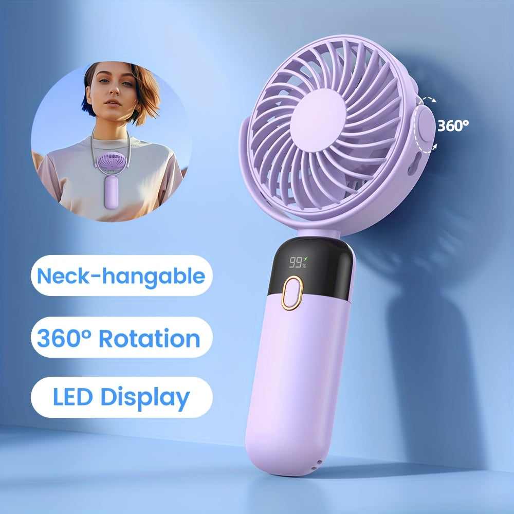TOPK Portable Handheld Fan with 5000mAh Battery, 360° Rotation & LED Display – Rechargeable Mini Fan for Travel, Home, Office, Makeup, 4-Speed Adjustable, Neck-Hangable Design, Pink