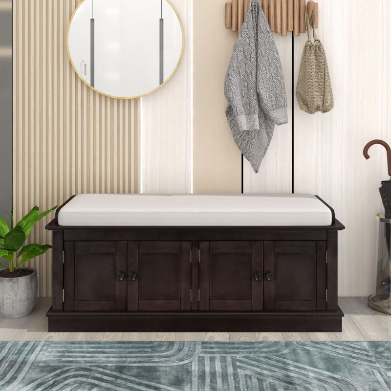 Storage Bench with 4 Doors and Adjustable Shelves, Shoe Bench with Removable Cushion for Living Room, Entryway (White)