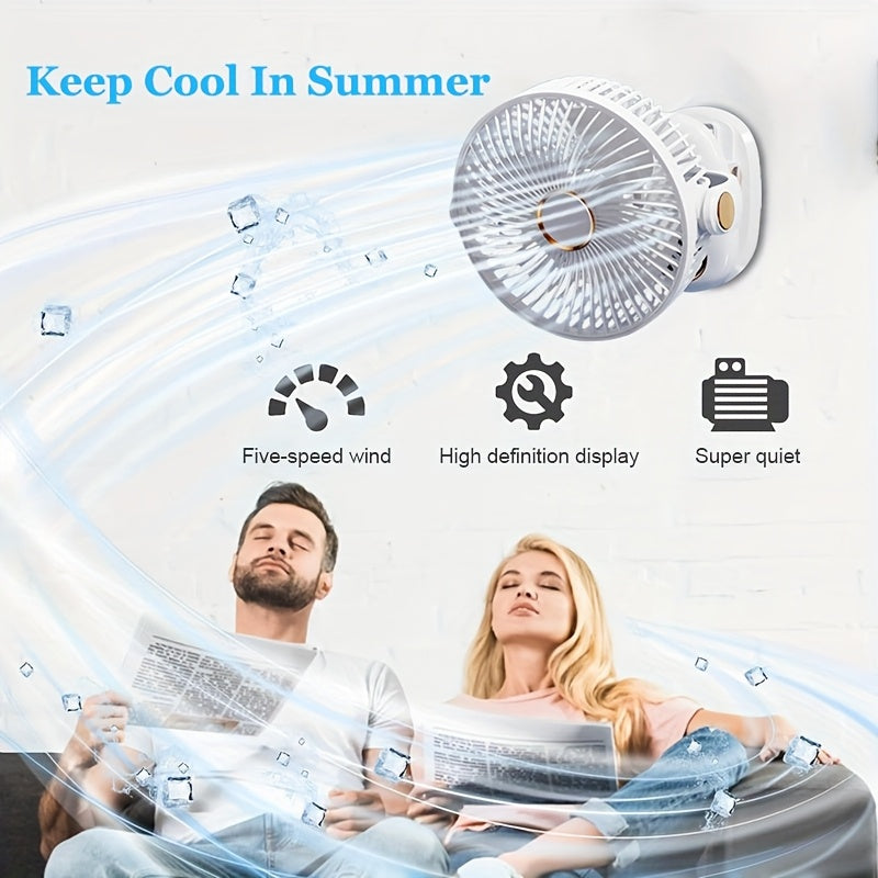 [5-speed Portable Fan] 5-speed Rechargeable Portable Fan | USB Desktop Fan, Clip-on Fan, Battery-powered Fan, 5000mAh, 720° Rotatable Automatic Shaker, Sturdy Fixture Suitable for Home, Camping, Treadmill Office