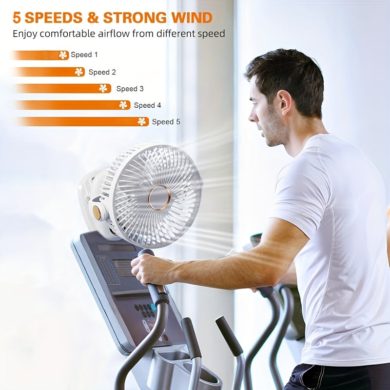 [5-speed Portable Fan] 5-speed Rechargeable Portable Fan | USB Desktop Fan, Clip-on Fan, Battery-powered Fan, 5000mAh, 720° Rotatable Automatic Shaker, Sturdy Fixture Suitable for Home, Camping, Treadmill Office