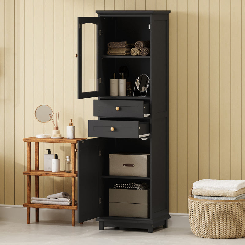 63" Tall Bathroom Storage Cabinet with Glass Doors, Free-Standing, Two Drawers, and Adjustable Shelves, MDF Board, Painted white - Perfect for Displaying Your Favorite Items