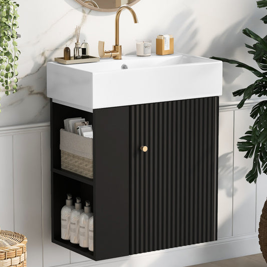 [Video]21.6inch Modern Floating Bathroom Vanity with Ceramic Basin - Perfect for Small Bathrooms, Left side storage