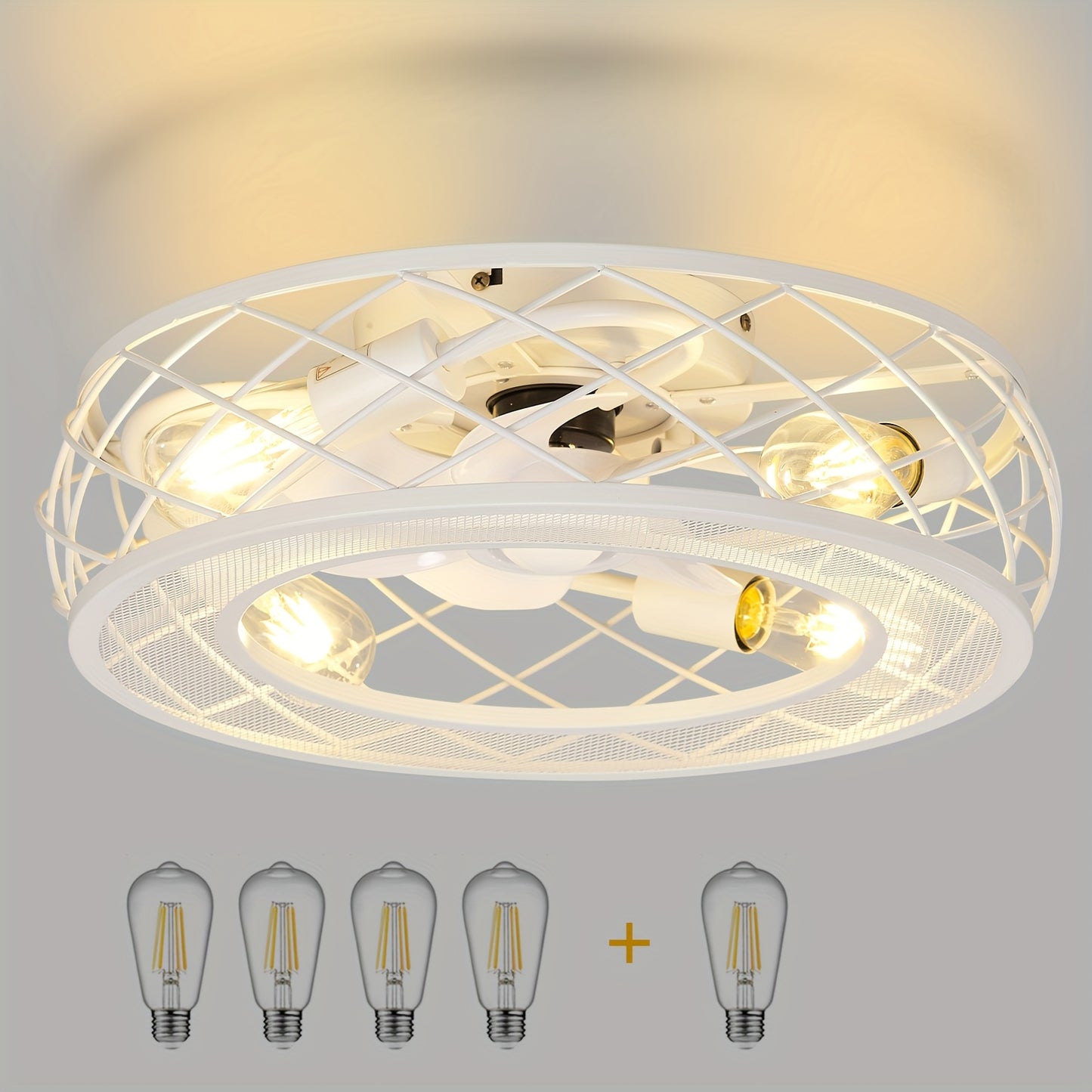 19.7" Caged Ceiling Fan With Light, White Flush Mount Low Profile Ceiling Fan With Light, 6 Speeds And Reversible Wind, Included 5*2700K Bulbs, Farmhouse Enclosed Ceiling Fan For Bedroom, Kitchen
