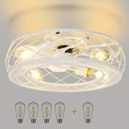 19.7" Caged Ceiling Fan With Light, White Flush Mount Low Profile Ceiling Fan With Light, 6 Speeds And Reversible Wind, Included 5*2700K Bulbs, Farmhouse Enclosed Ceiling Fan For Bedroom, Kitchen