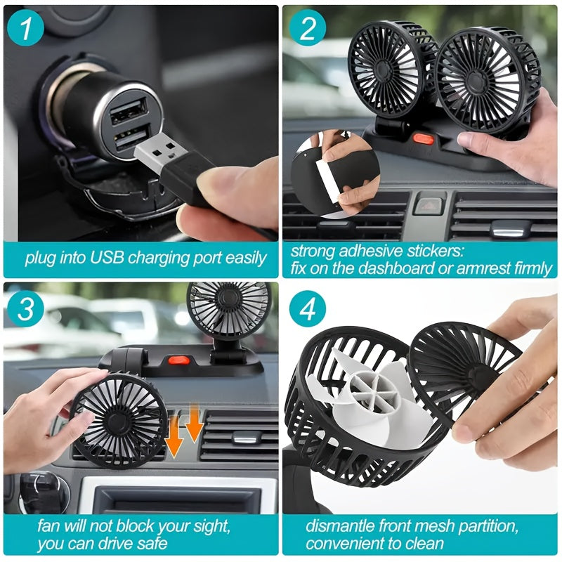 USB-5V Car Fan with Three Heads, Multi-Angle Adjustable, Unobstructed View, Suitable for Various Occasions, Compact and Lightweight, Space-Saving, Double-Sided Adhesive Installation, Easy to Install, Popular Car Fan, Usable in All Seasons