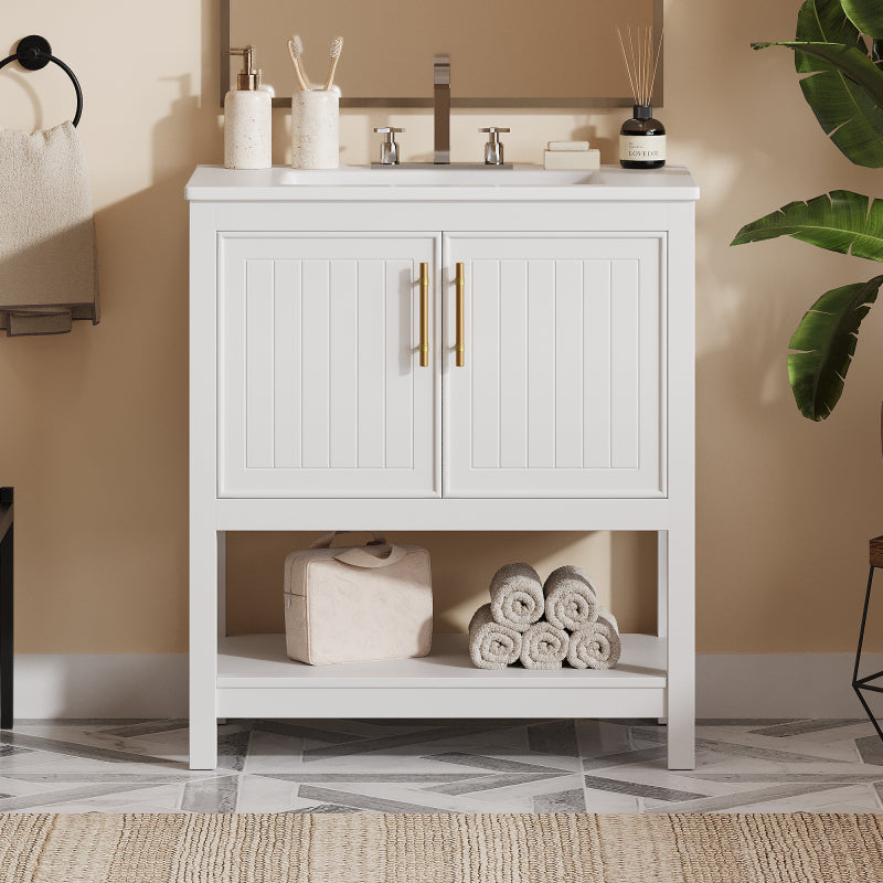 30" White Bathroom Vanity with Ceramic Sink and Versatile Storage - Ideal for Small Bathrooms