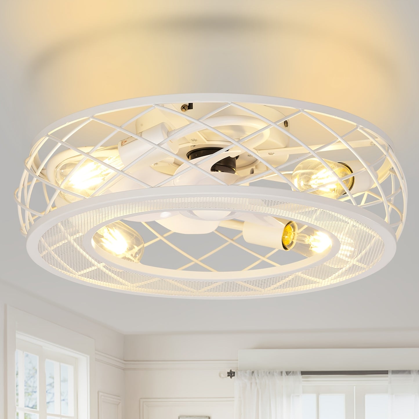 19.7" Caged Ceiling Fan With Light, White Flush Mount Low Profile Ceiling Fan With Light, 6 Speeds And Reversible Wind, Included 5*2700K Bulbs, Farmhouse Enclosed Ceiling Fan For Bedroom, Kitchen
