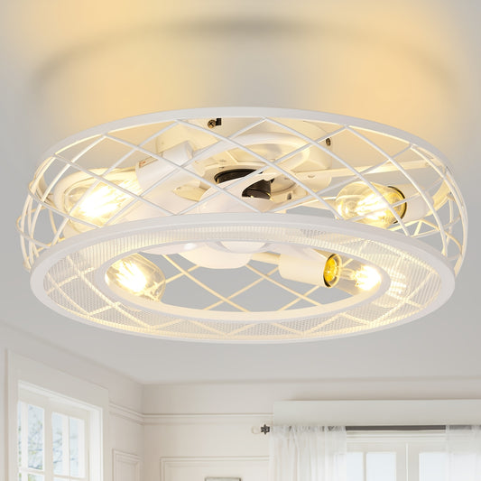 19.7" Caged Ceiling Fan With Light, White Flush Mount Low Profile Ceiling Fan With Light, 6 Speeds And Reversible Wind, Included 5*2700K Bulbs, Farmhouse Enclosed Ceiling Fan For Bedroom, Kitchen