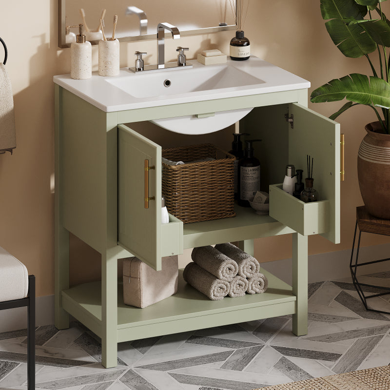30" White Bathroom Vanity with Ceramic Sink and Versatile Storage - Ideal for Small Bathrooms