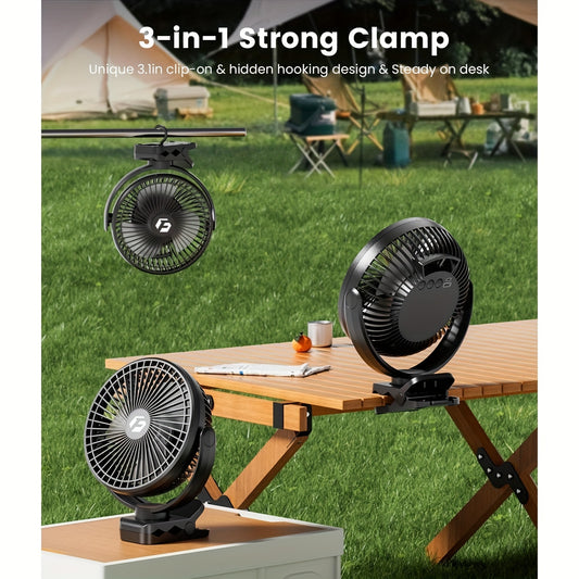 12000mAh Rechargeable Portable Clip-On Fan - Quiet, Battery-Operated, 8-Inch Personal Fan with LED Lights, Remote Control, and USB Charging for Office, Bedroom, Camping, and Outdoor Adventures