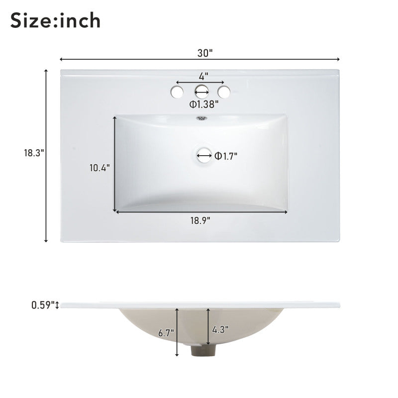 30" White Bathroom Vanity with Ceramic Sink and Versatile Storage - Ideal for Small Bathrooms