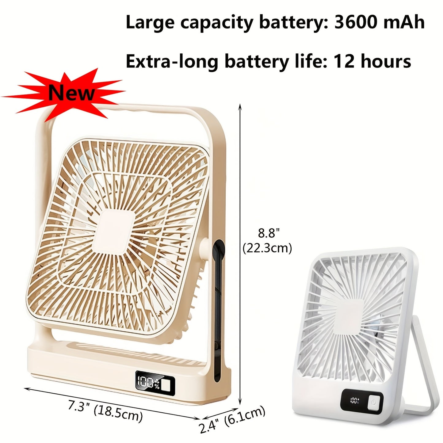 [5-speed Portable Fan] Ultra-long Battery Life 12 Hours, 5-speed Adjustable Portable USB Desktop Fan 8.8*7.3 Inches | Large Battery 3600mAh, LED Display, Suspended And Handheld, Rotatable Angle | Suitable For Offices, Dormitories And Travel
