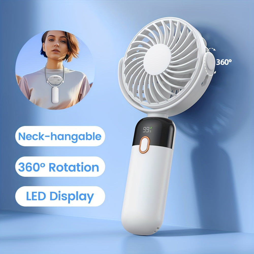 TOPK Portable Handheld Fan with 5000mAh Battery, 360° Rotation & LED Display – Rechargeable Mini Fan for Travel, Home, Office, Makeup, 4-Speed Adjustable, Neck-Hangable Design, Pink