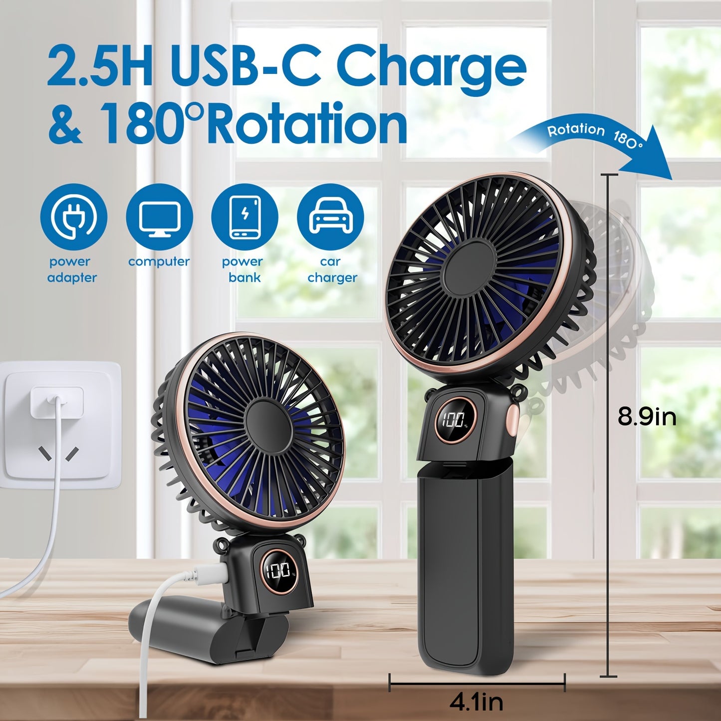 Portable Handheld Fan, 5200mAh Personal Fan With LED Display, 3-in-1 180° Foldable Mini Fan With 6 Speed, Desk Fan Rechargeable Hand Held Fan For Lash With Lanyard, Small Fan For Travel Office Women Girls