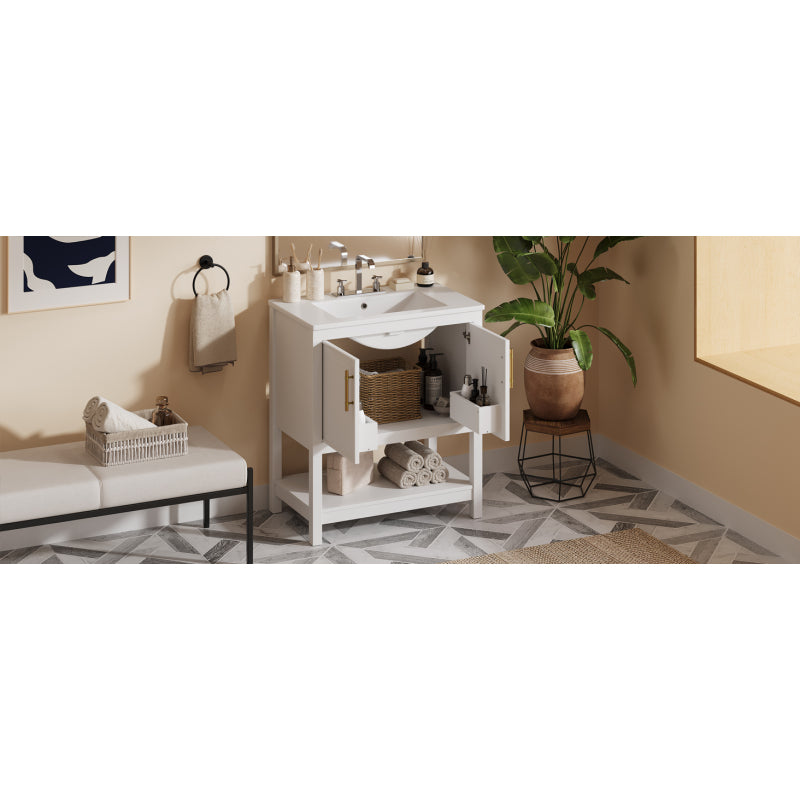 30" White Bathroom Vanity with Ceramic Sink and Versatile Storage - Ideal for Small Bathrooms