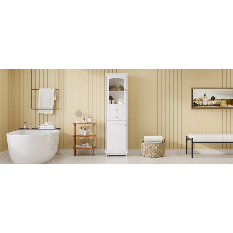 63" Tall Bathroom Storage Cabinet with Glass Doors, Free-Standing, Two Drawers, and Adjustable Shelves, MDF Board, Painted white - Perfect for Displaying Your Favorite Items