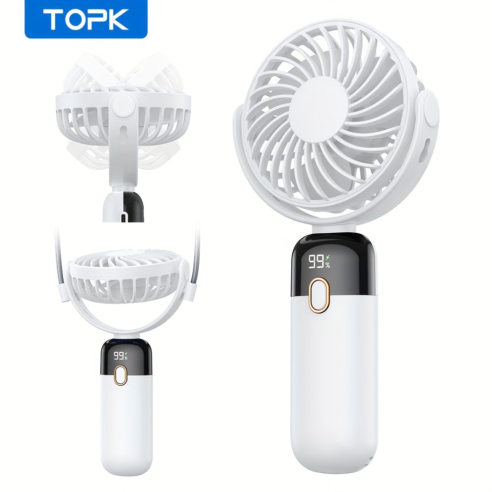 [Portable Handheld Fan] TOPK 3-in-1 Portable Handheld Fan | 360° Rotatable 4-Speed Mini Fan with LED Display, 5000mAh Rechargeable Battery, Durable Fan Blades for Home, Office, Travel & Outdoor