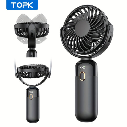 [Portable Handheld Fan] TOPK 3-in-1 Portable Handheld Fan | 360° Rotatable 4-Speed Mini Fan with LED Display, 5000mAh Rechargeable Battery, Durable Fan Blades for Home, Office, Travel & Outdoor