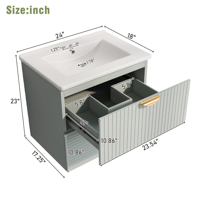 24" Modern Wall-Mounted Bathroom vanity with 2 Drawers, Green - Ideal for Small Bathrooms