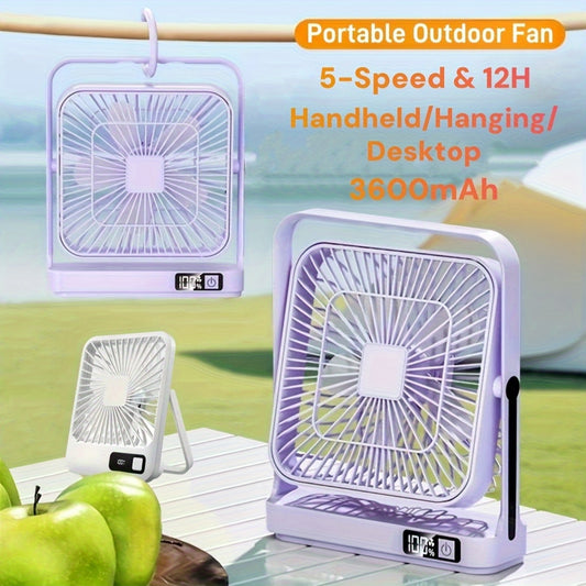 [5-speed Portable Fan] Ultra-long Battery Life 12 Hours, 5-speed Adjustable Portable USB Desktop Fan 8.8*7.3 Inches | Large Battery 3600mAh, LED Display, Suspended And Handheld, Rotatable Angle | Suitable For Offices, Dormitories And Travel