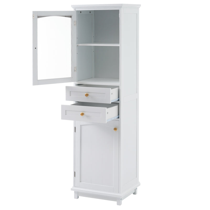 63" Tall Bathroom Storage Cabinet with Glass Doors, Free-Standing, Two Drawers, and Adjustable Shelves, MDF Board, Painted white - Perfect for Displaying Your Favorite Items