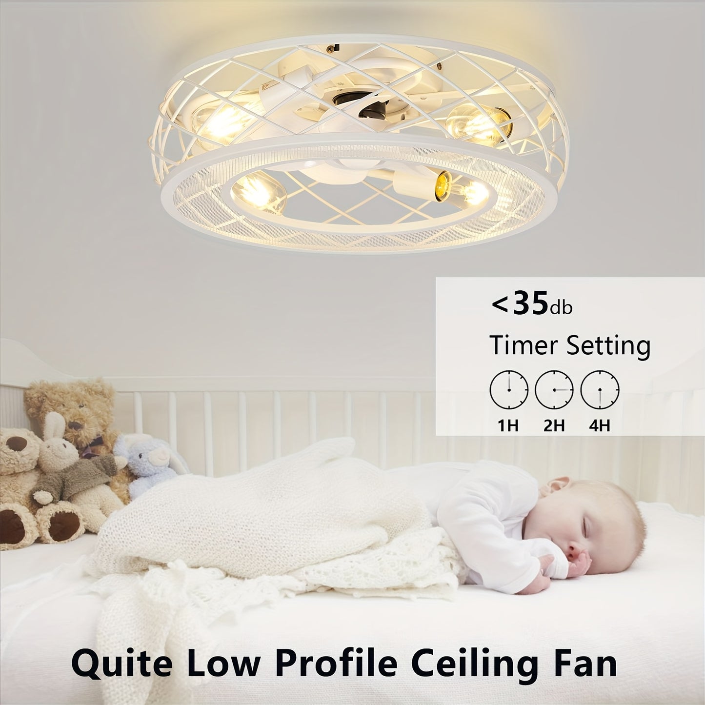 19.7" Caged Ceiling Fan With Light, White Flush Mount Low Profile Ceiling Fan With Light, 6 Speeds And Reversible Wind, Included 5*2700K Bulbs, Farmhouse Enclosed Ceiling Fan For Bedroom, Kitchen