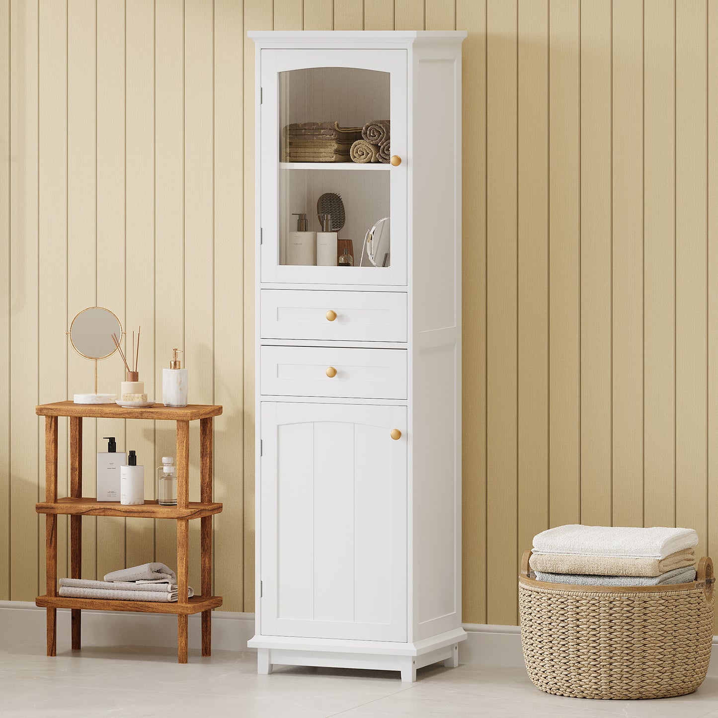 63" Tall Bathroom Storage Cabinet with Glass Doors, Free-Standing, Two Drawers, and Adjustable Shelves, MDF Board, Painted white - Perfect for Displaying Your Favorite Items